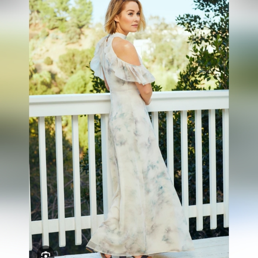 LC Lauren Conrad Ruffle Cold Shoulder, Floral Cream and Gray Flouncy Maxi Dress